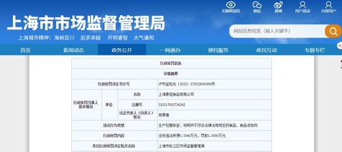 上海市松江區(qū)市場監(jiān)督管理局關(guān)于上海泰冠食品的行政處罰信息
